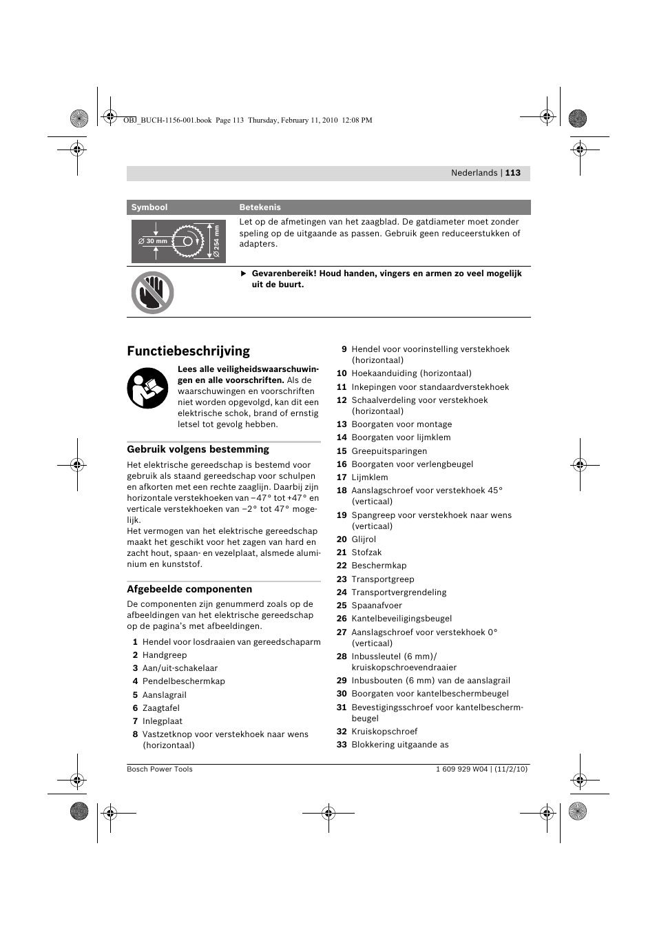 Functiebeschrijving | Bosch GCM 10 J Professional User Manual | Page 113 / 470