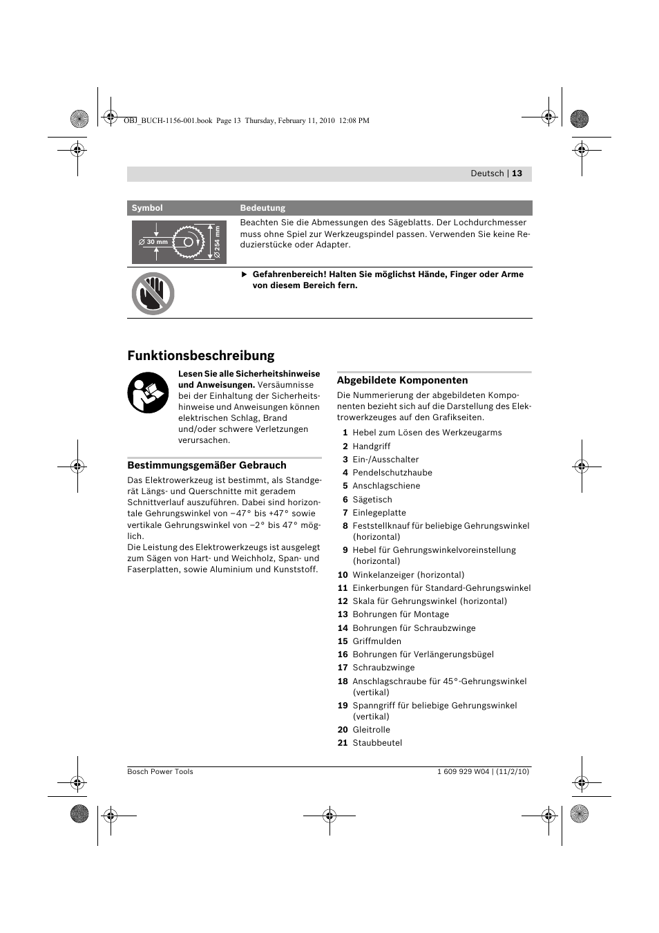 Funktionsbeschreibung | Bosch GCM 10 J Professional User Manual | Page 13 / 470