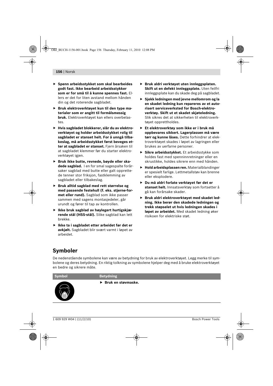Symboler | Bosch GCM 10 J Professional User Manual | Page 156 / 470