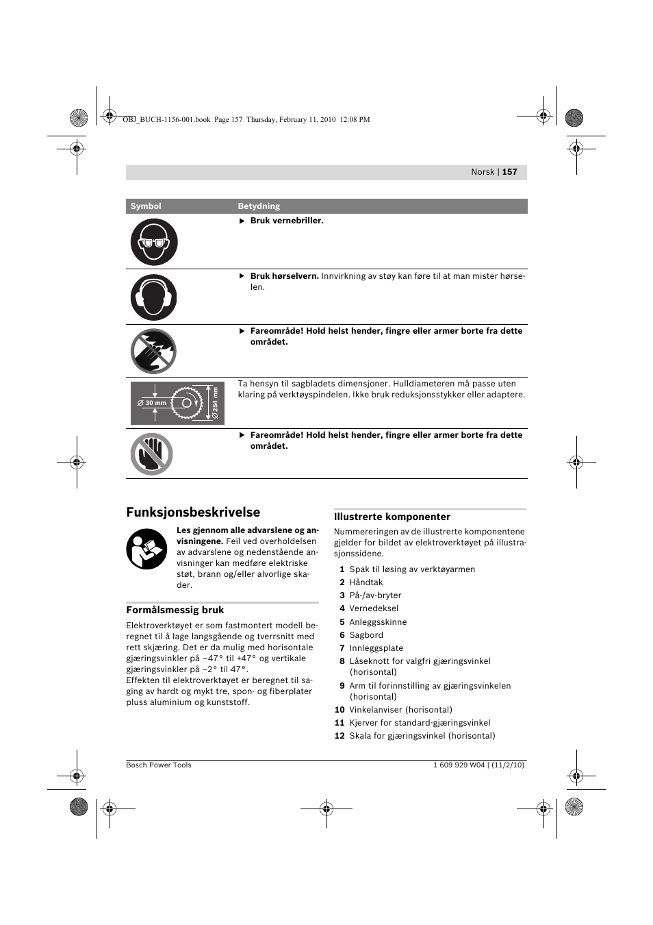 Funksjonsbeskrivelse | Bosch GCM 10 J Professional User Manual | Page 157 / 470