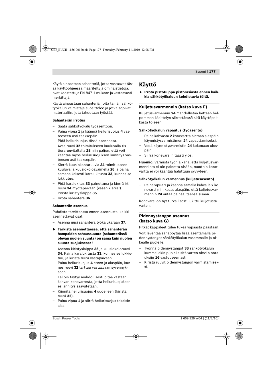 Käyttö | Bosch GCM 10 J Professional User Manual | Page 177 / 470