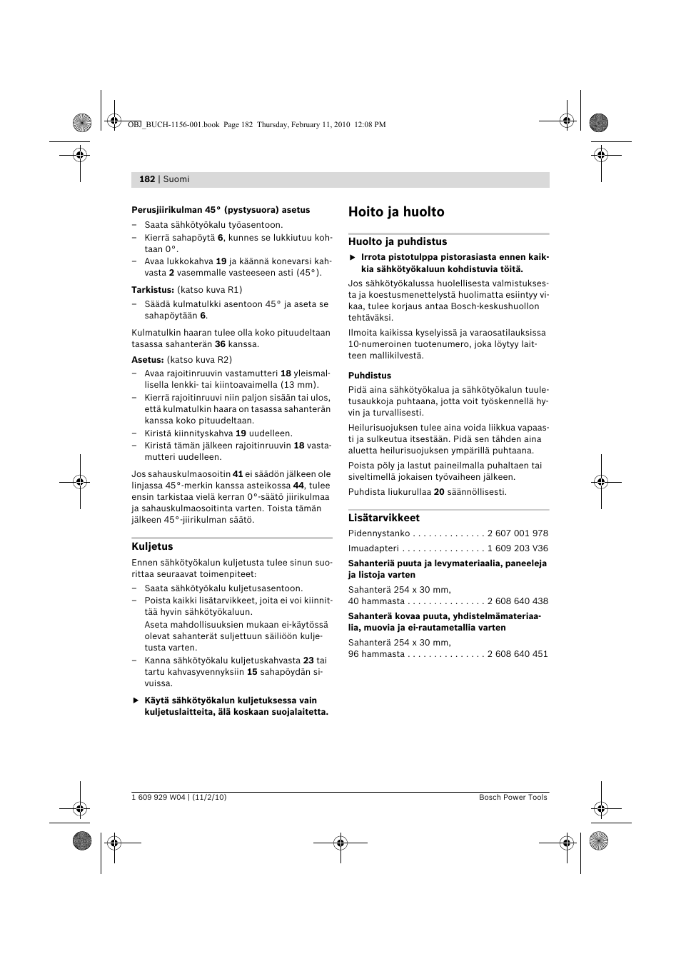 Hoito ja huolto | Bosch GCM 10 J Professional User Manual | Page 182 / 470
