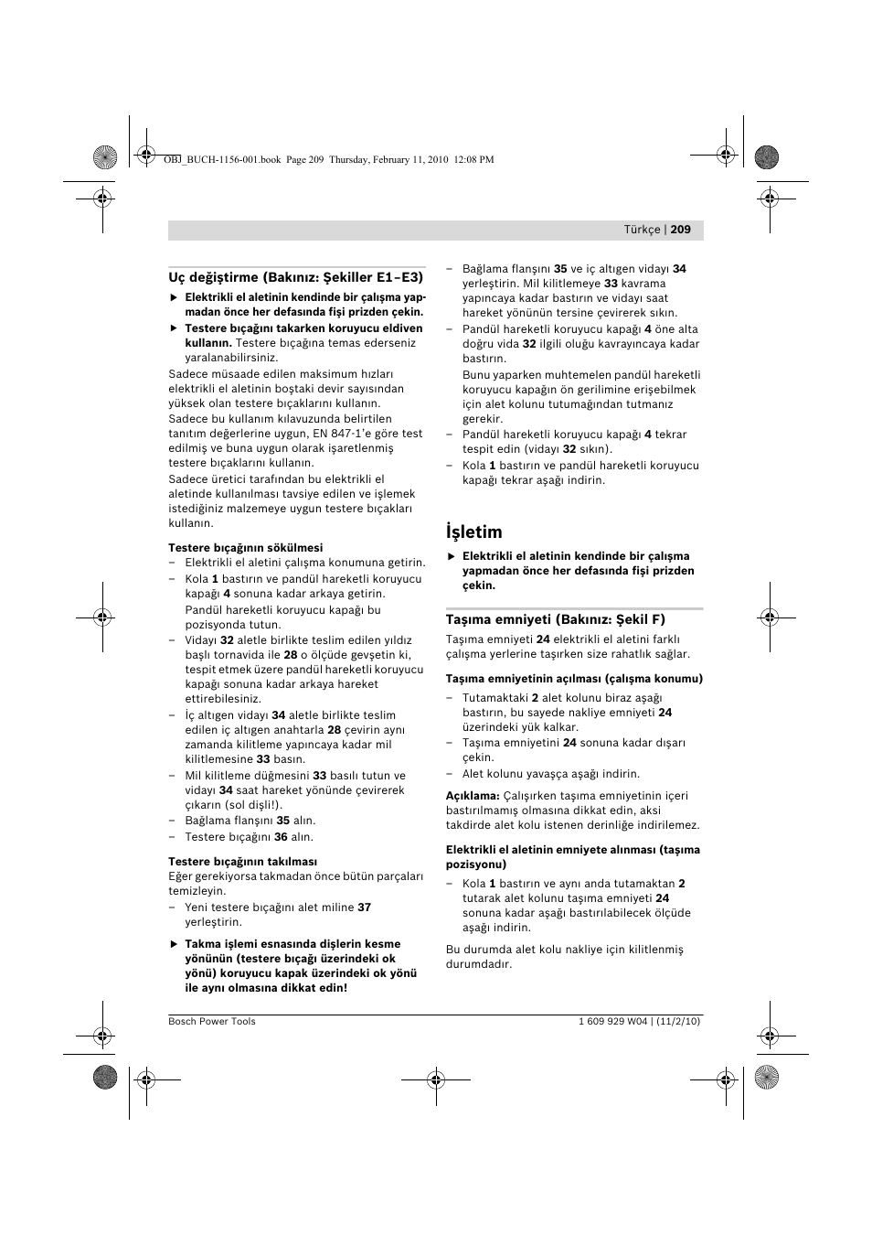 Işletim | Bosch GCM 10 J Professional User Manual | Page 209 / 470