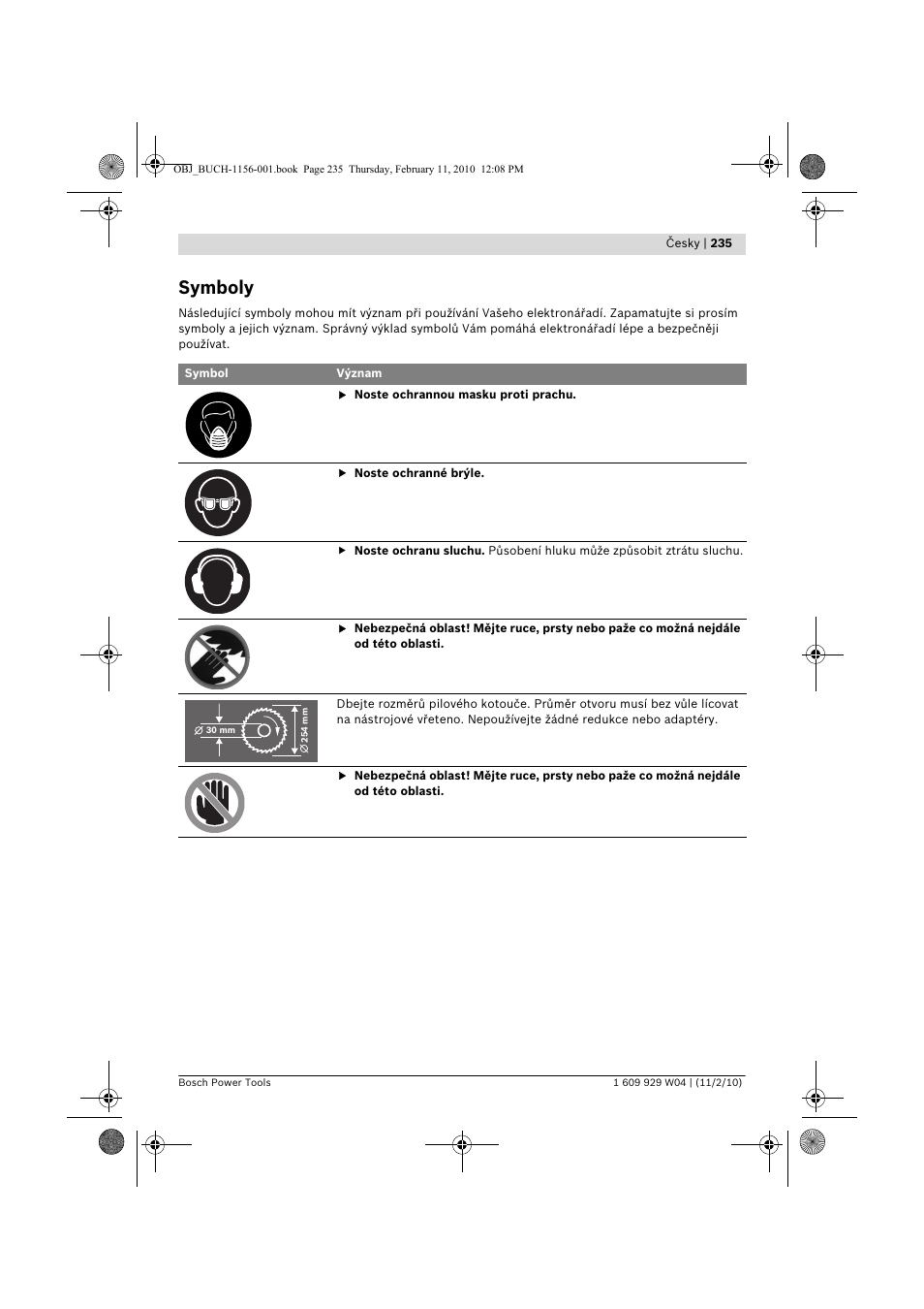 Symboly | Bosch GCM 10 J Professional User Manual | Page 235 / 470