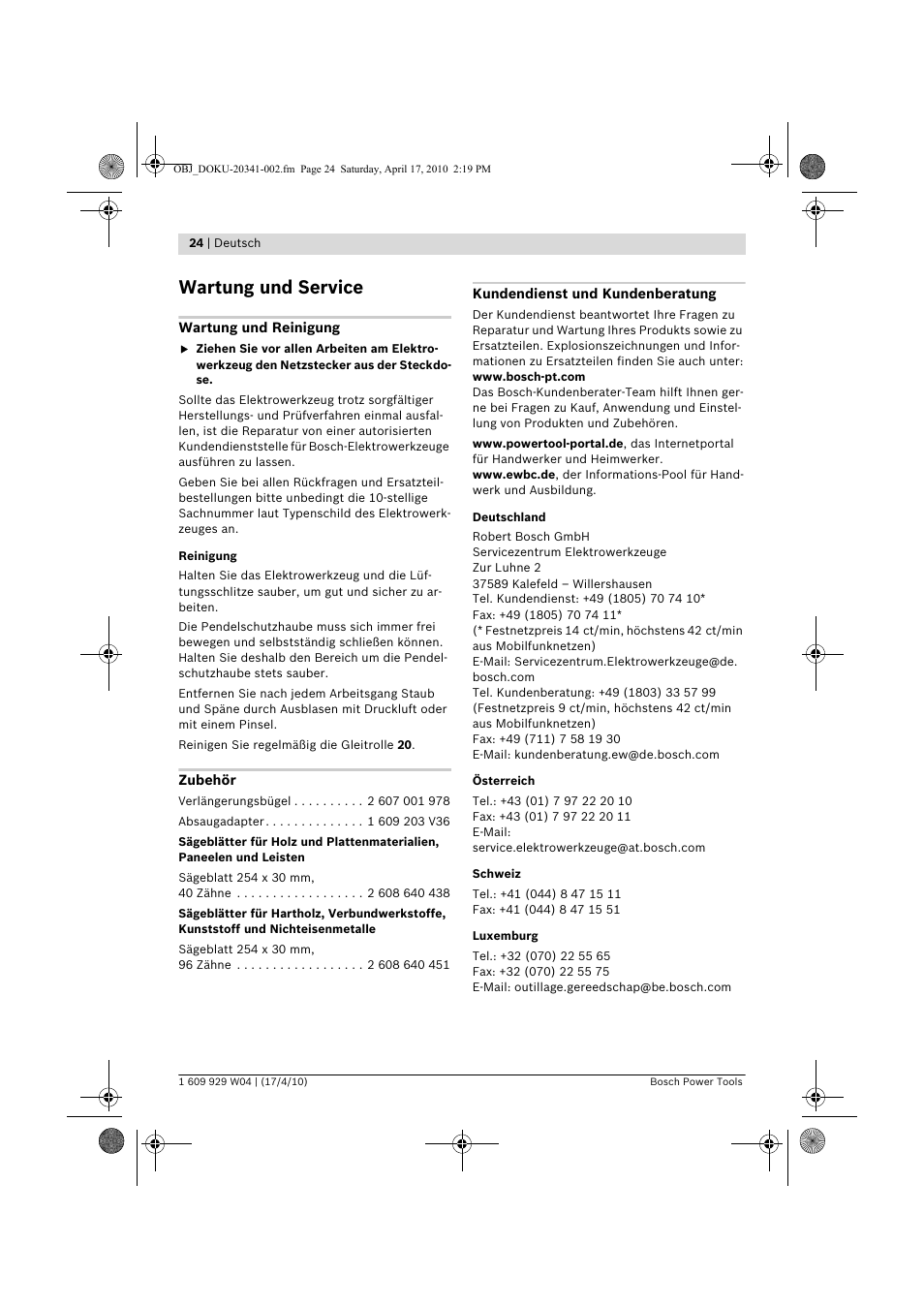 Wartung und service | Bosch GCM 10 J Professional User Manual | Page 24 / 470