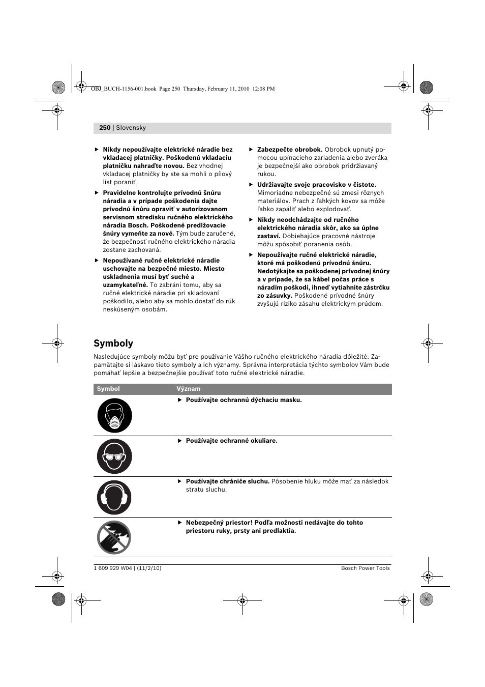 Symboly | Bosch GCM 10 J Professional User Manual | Page 250 / 470