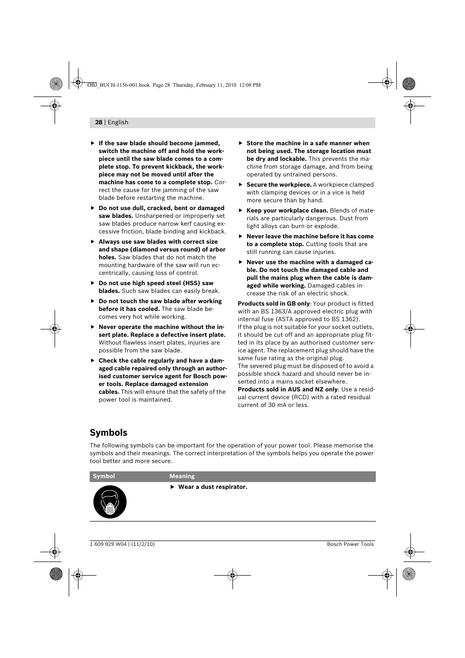 Symbols | Bosch GCM 10 J Professional User Manual | Page 28 / 470