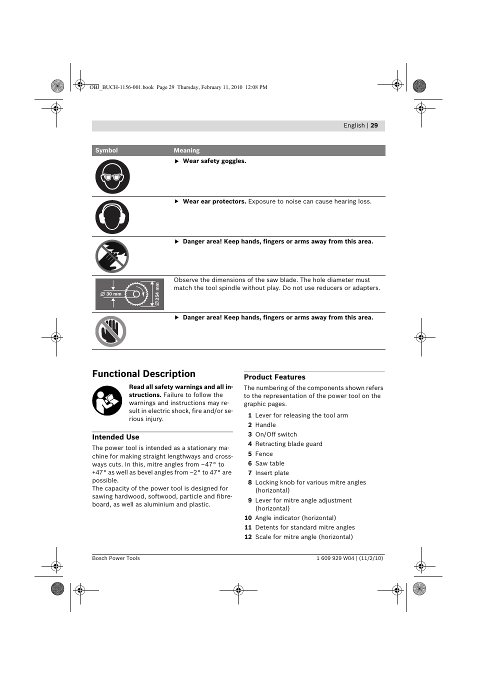 Functional description | Bosch GCM 10 J Professional User Manual | Page 29 / 470