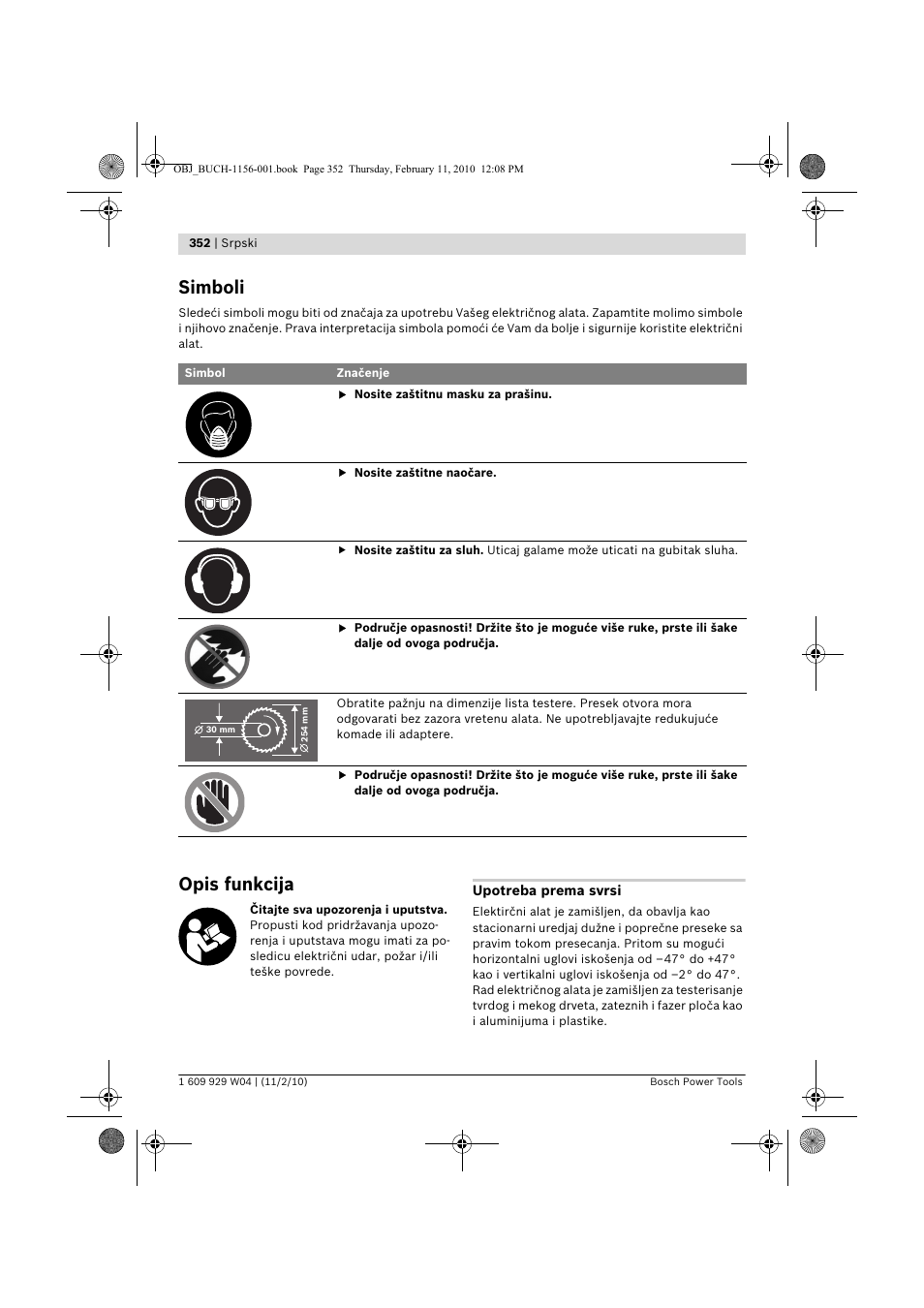 Simboli, Opis funkcija | Bosch GCM 10 J Professional User Manual | Page 352 / 470