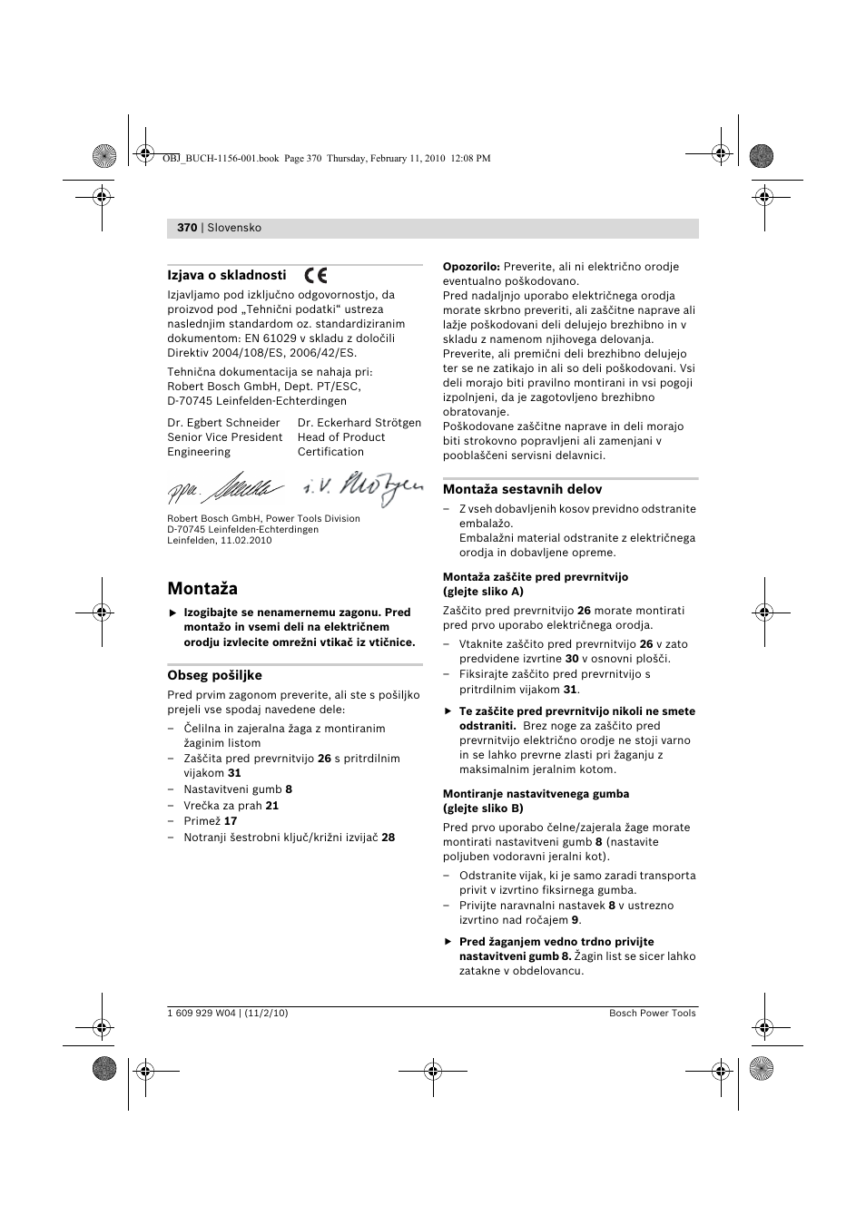 Montaža | Bosch GCM 10 J Professional User Manual | Page 370 / 470