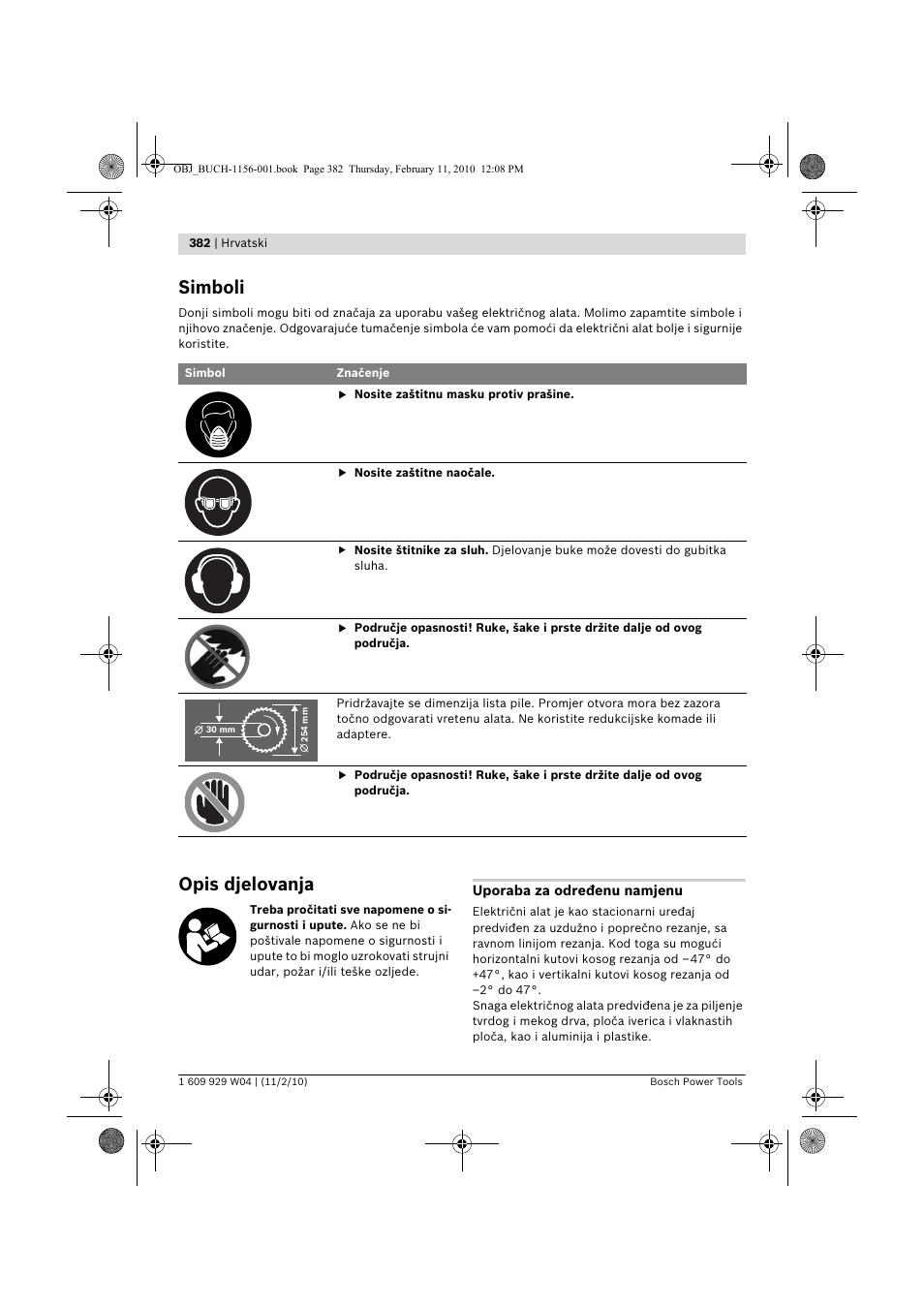 Simboli, Opis djelovanja | Bosch GCM 10 J Professional User Manual | Page 382 / 470