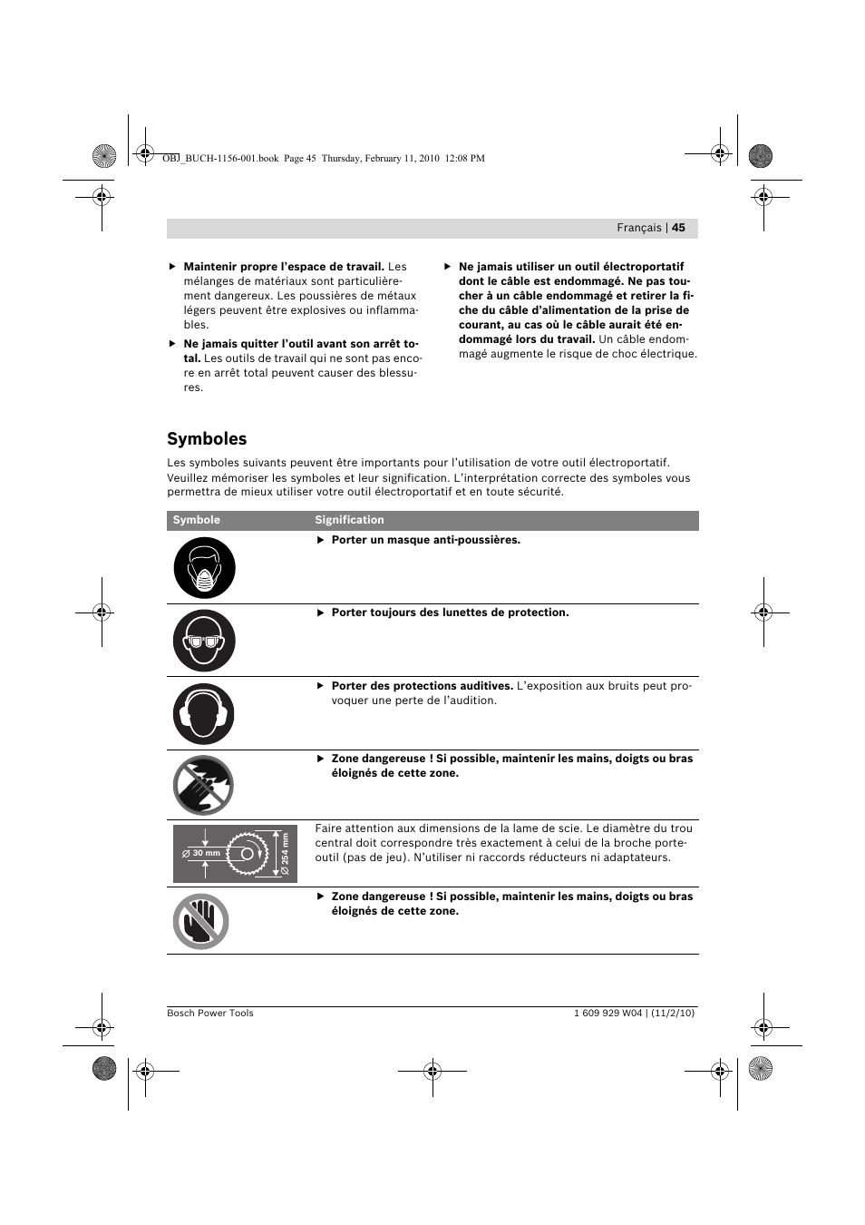 Symboles | Bosch GCM 10 J Professional User Manual | Page 45 / 470