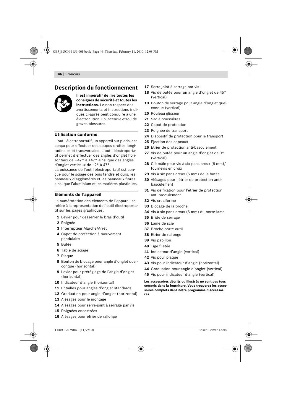 Description du fonctionnement | Bosch GCM 10 J Professional User Manual | Page 46 / 470