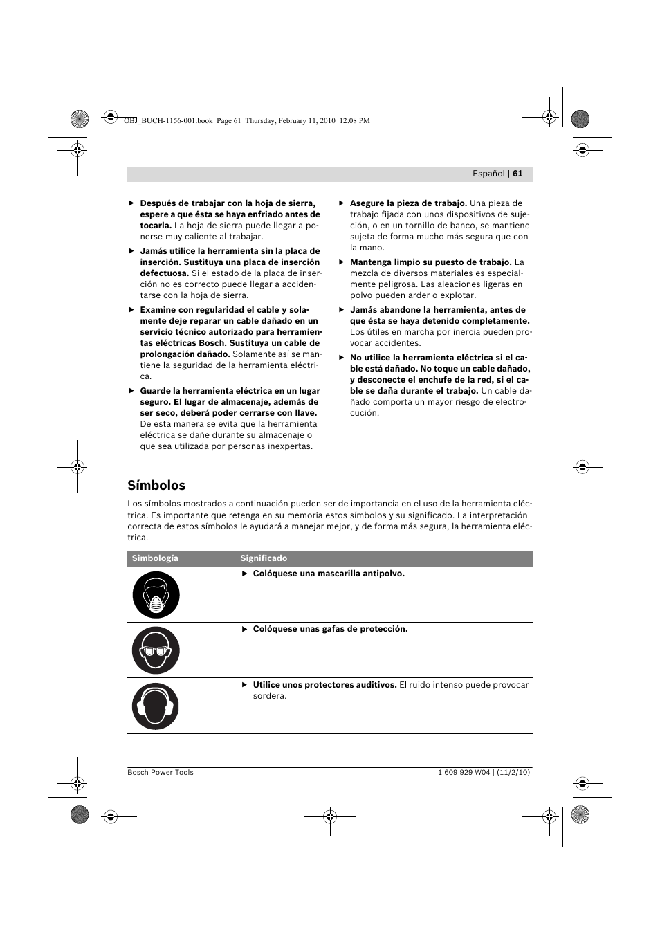 Símbolos | Bosch GCM 10 J Professional User Manual | Page 61 / 470