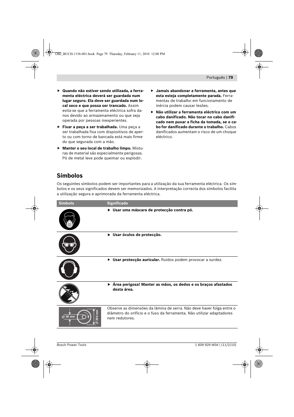 Símbolos | Bosch GCM 10 J Professional User Manual | Page 79 / 470
