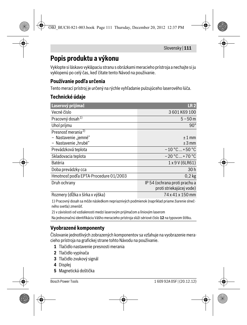 Popis produktu a výkonu | Bosch LR 2 Professional User Manual | Page 111 / 239