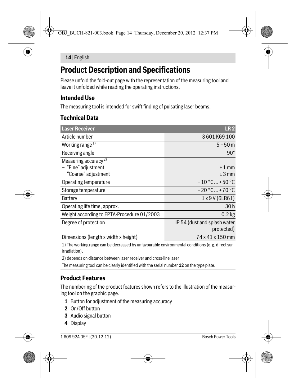 Product description and specifications | Bosch LR 2 Professional User Manual | Page 14 / 239