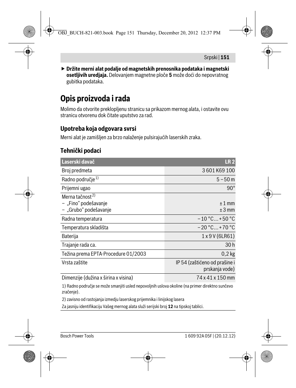 Opis proizvoda i rada | Bosch LR 2 Professional User Manual | Page 151 / 239
