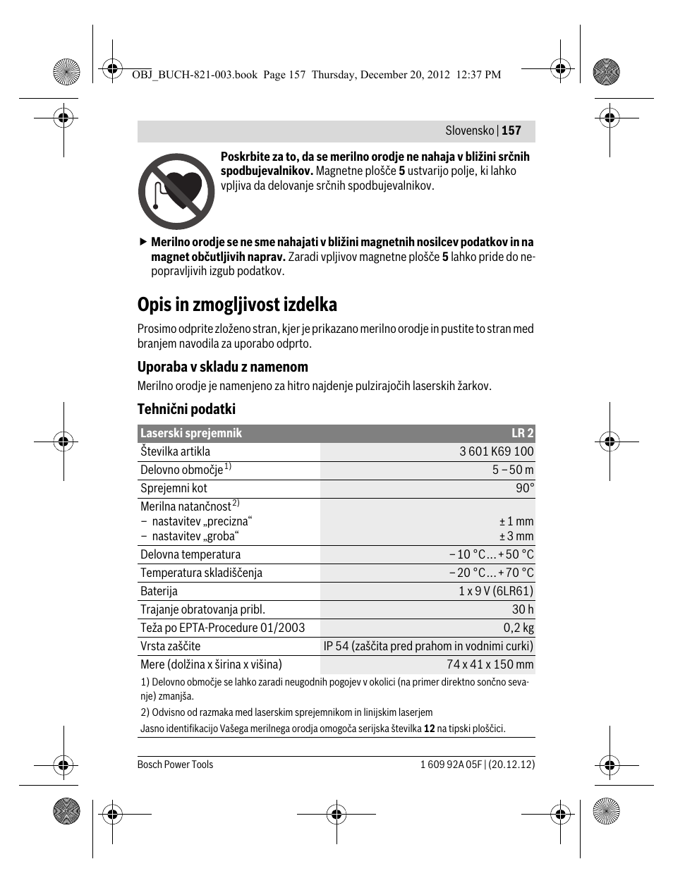 Opis in zmogljivost izdelka | Bosch LR 2 Professional User Manual | Page 157 / 239