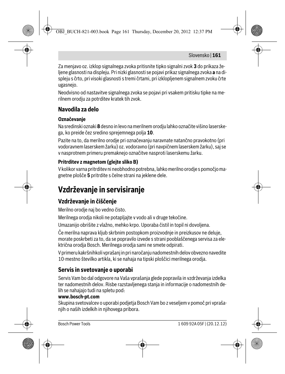 Vzdrževanje in servisiranje | Bosch LR 2 Professional User Manual | Page 161 / 239