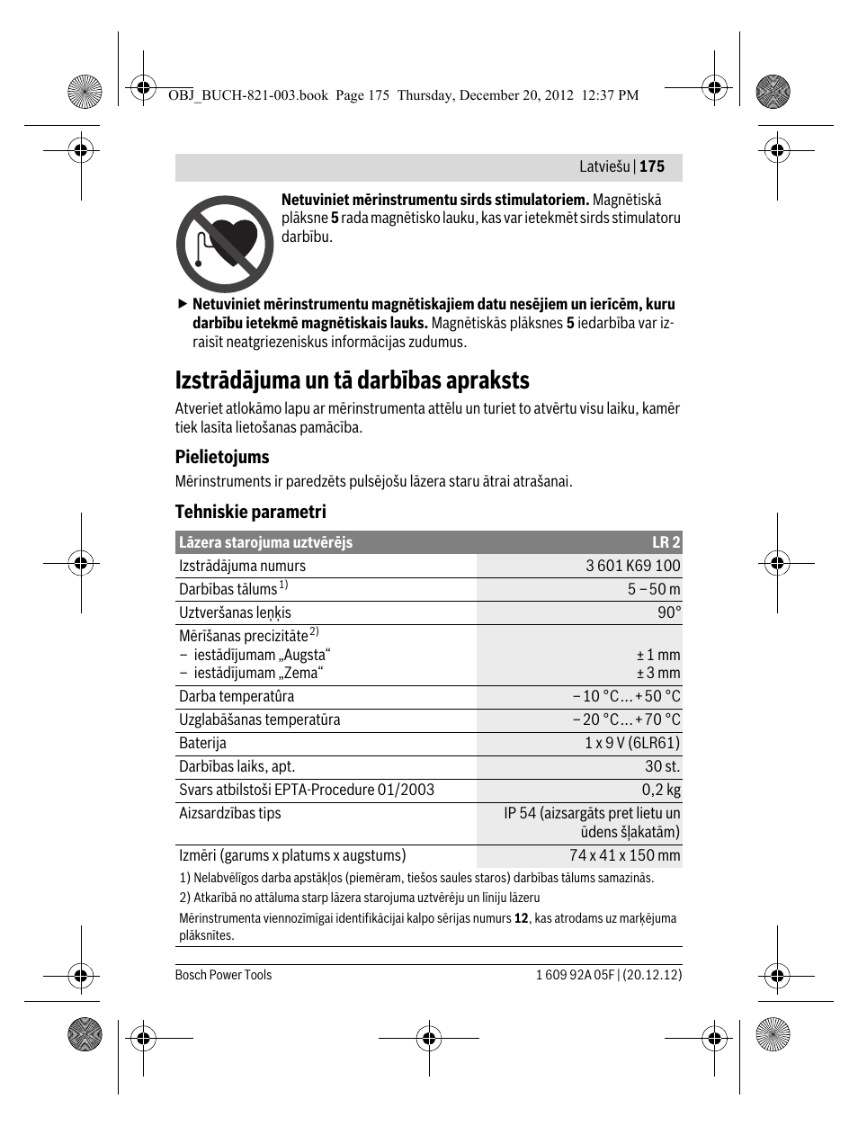 Izstrādājuma un tā darbības apraksts | Bosch LR 2 Professional User Manual | Page 175 / 239