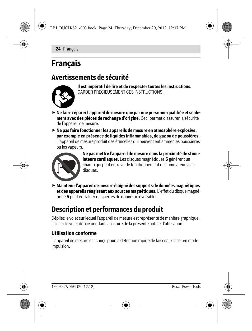 Français, Avertissements de sécurité, Description et performances du produit | Bosch LR 2 Professional User Manual | Page 24 / 239