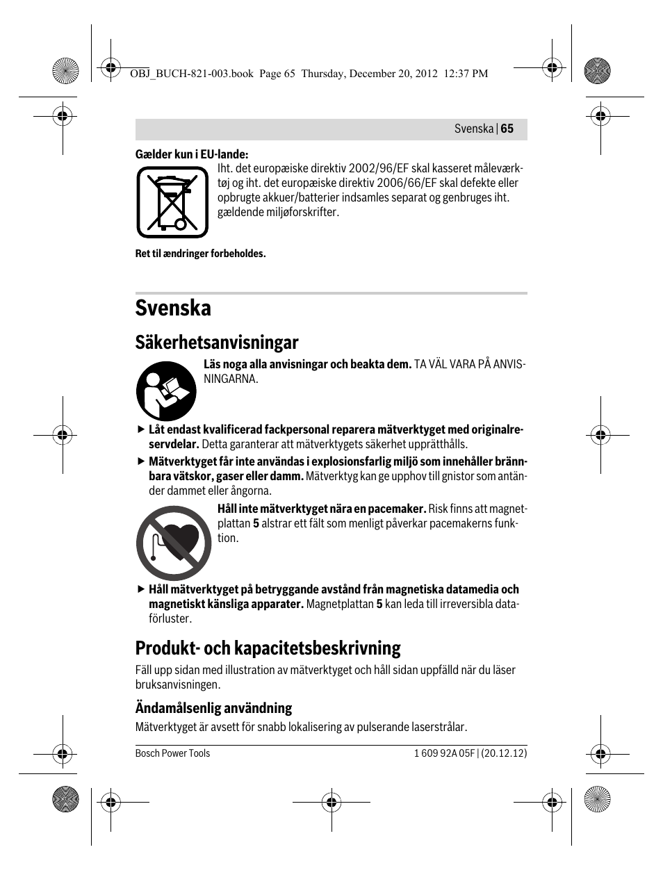 Svenska, Säkerhetsanvisningar, Produkt- och kapacitetsbeskrivning | Bosch LR 2 Professional User Manual | Page 65 / 239