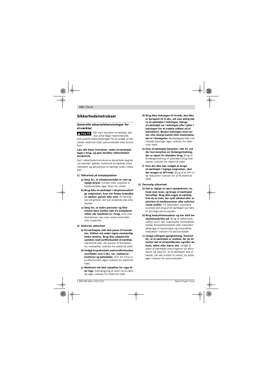 Sikkerhedsinstrukser | Bosch PCM 7 S User Manual | Page 112 / 384
