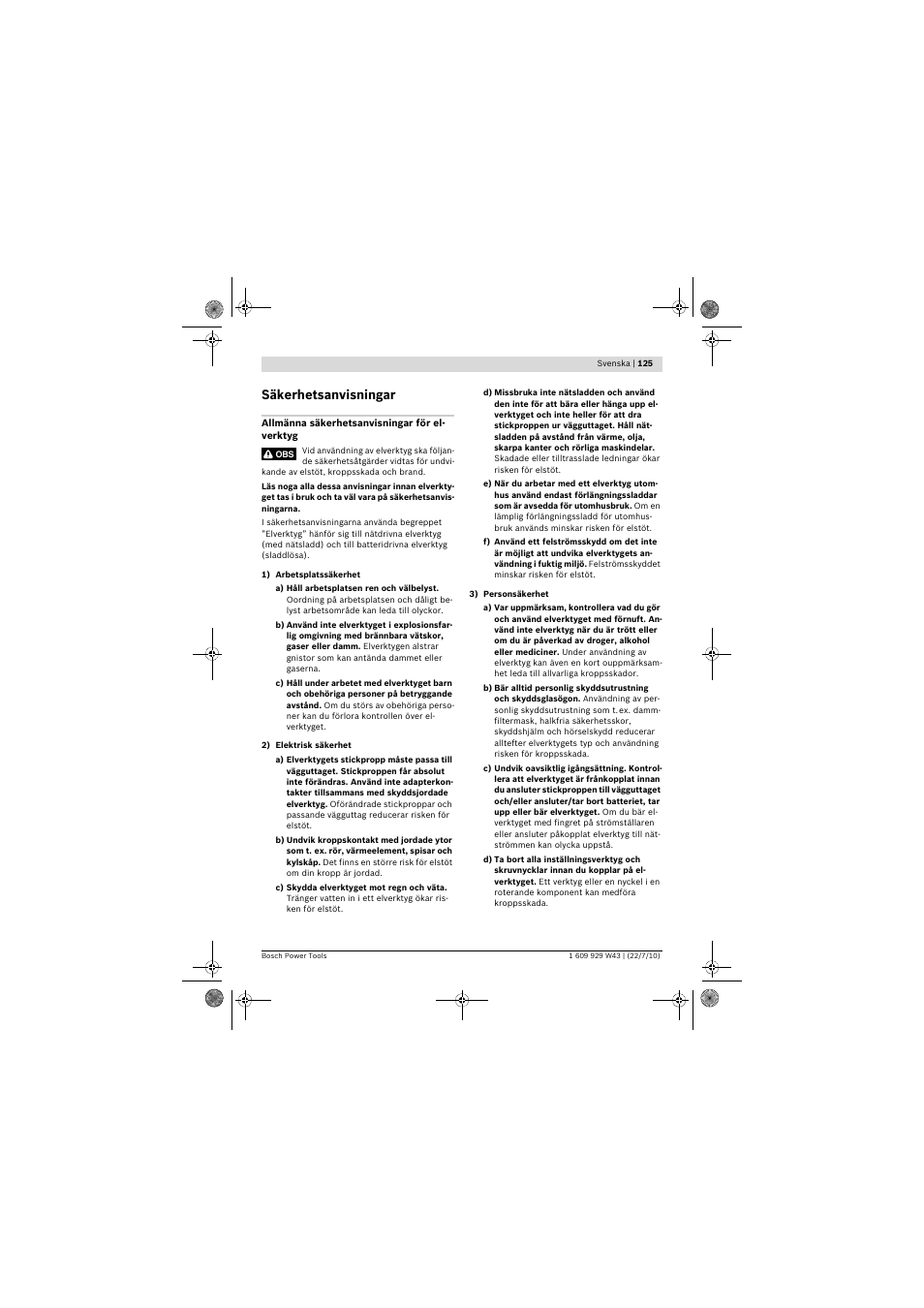Säkerhetsanvisningar | Bosch PCM 7 S User Manual | Page 125 / 384