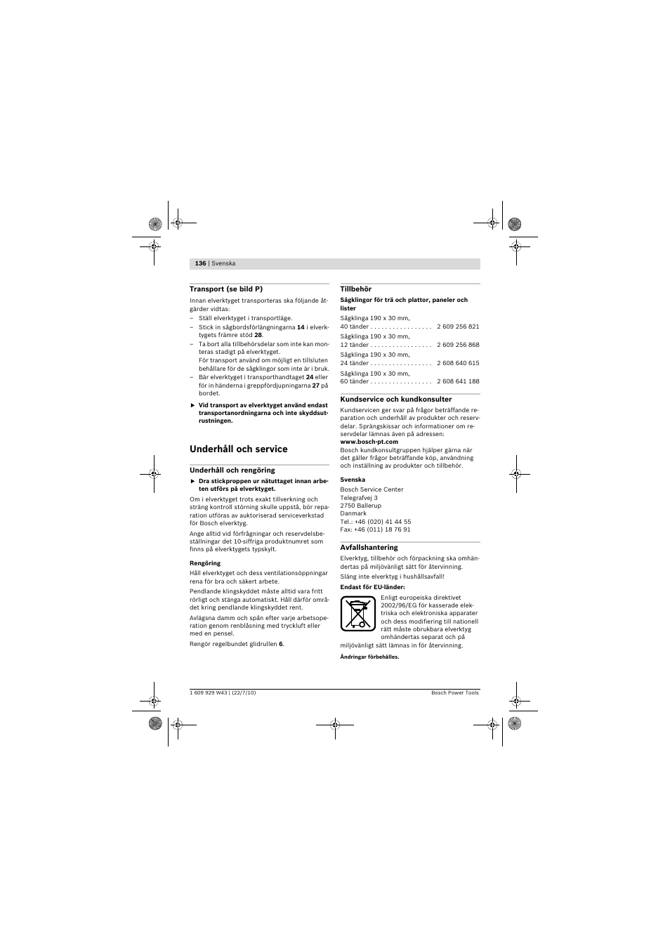 Underhåll och service | Bosch PCM 7 S User Manual | Page 136 / 384