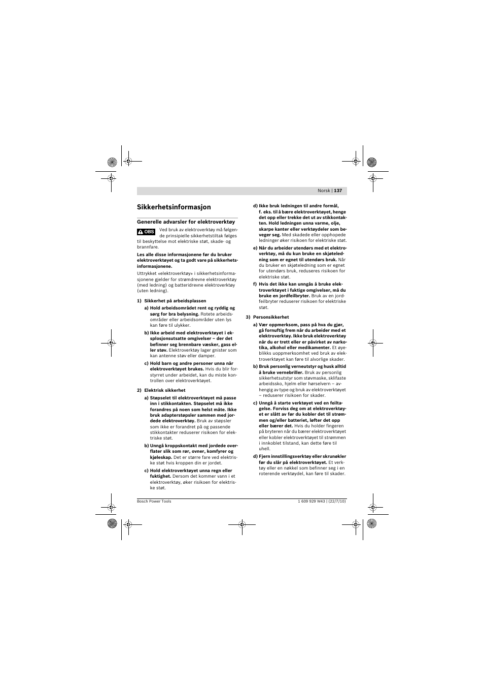 Sikkerhetsinformasjon | Bosch PCM 7 S User Manual | Page 137 / 384