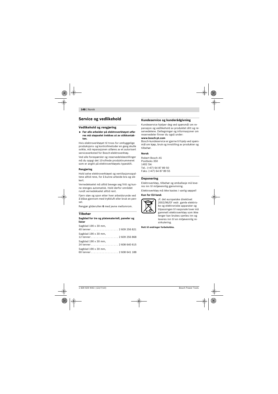 Service og vedlikehold | Bosch PCM 7 S User Manual | Page 148 / 384