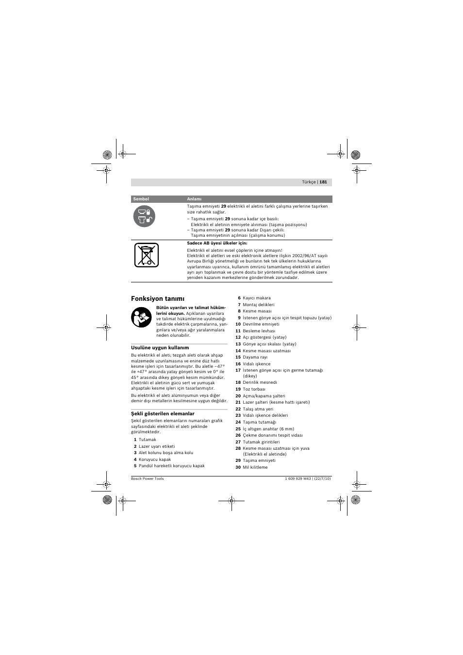 Fonksiyon tan m | Bosch PCM 7 S User Manual | Page 181 / 384