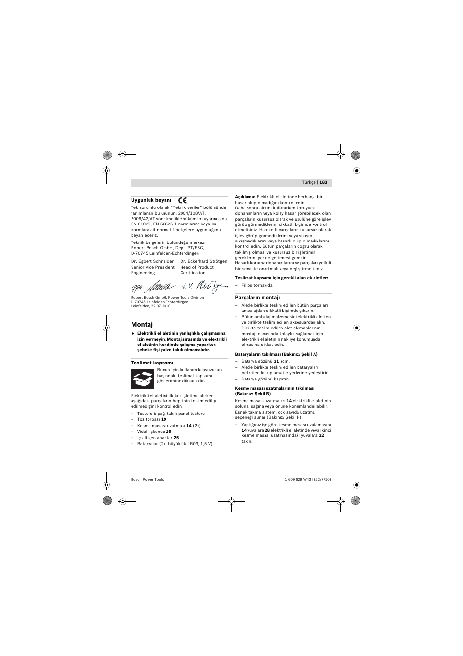Montaj | Bosch PCM 7 S User Manual | Page 183 / 384