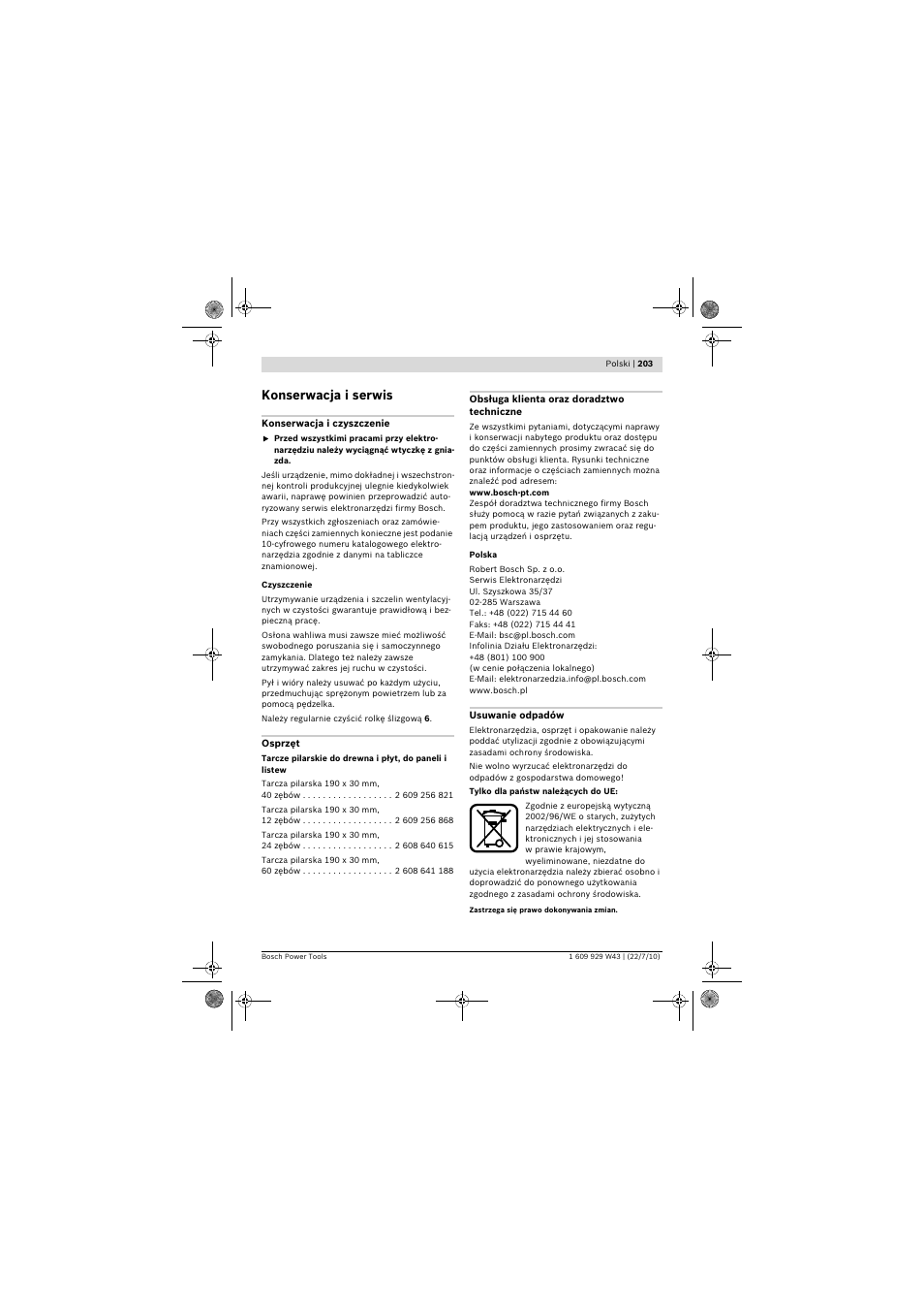 Konserwacja i serwis | Bosch PCM 7 S User Manual | Page 203 / 384