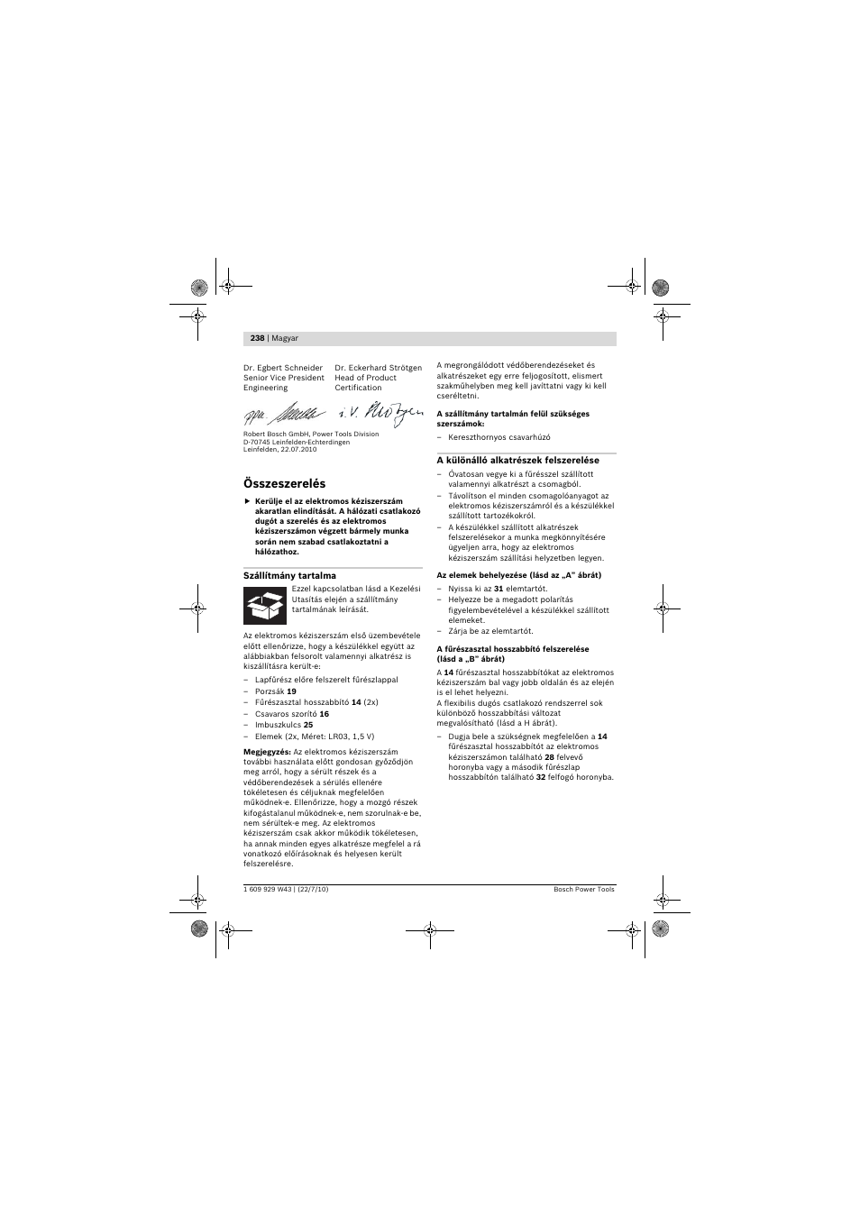 Összeszerelés | Bosch PCM 7 S User Manual | Page 238 / 384