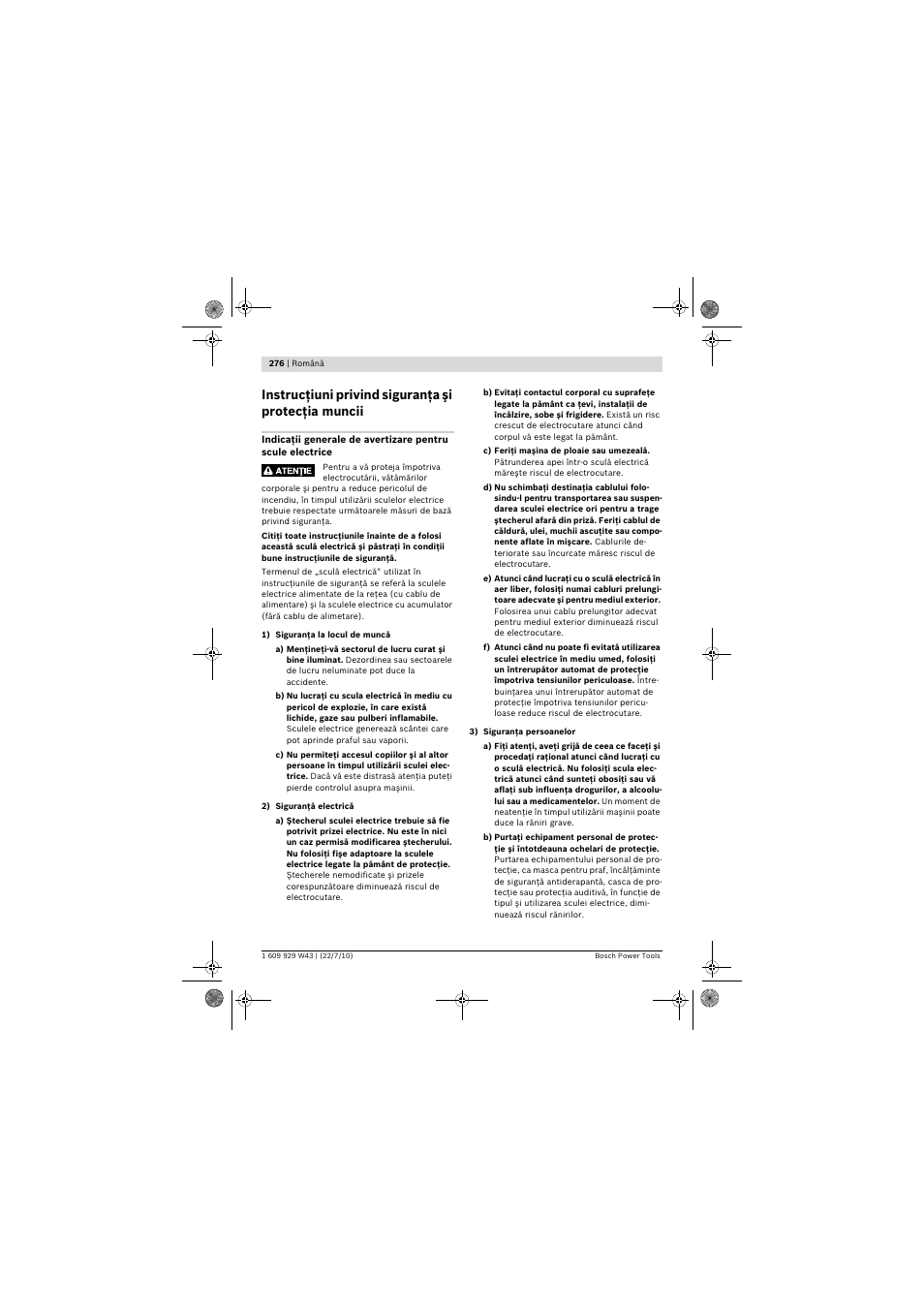 Instrucţiuni privind siguranţa şi protecţia muncii | Bosch PCM 7 S User Manual | Page 276 / 384