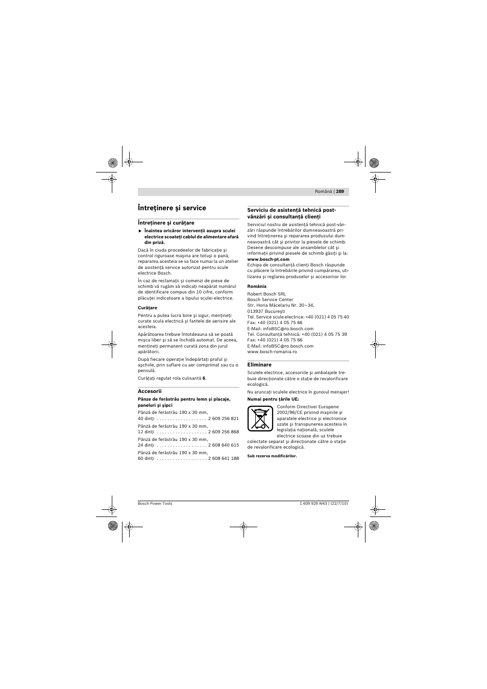 Întreţinere şi service | Bosch PCM 7 S User Manual | Page 289 / 384