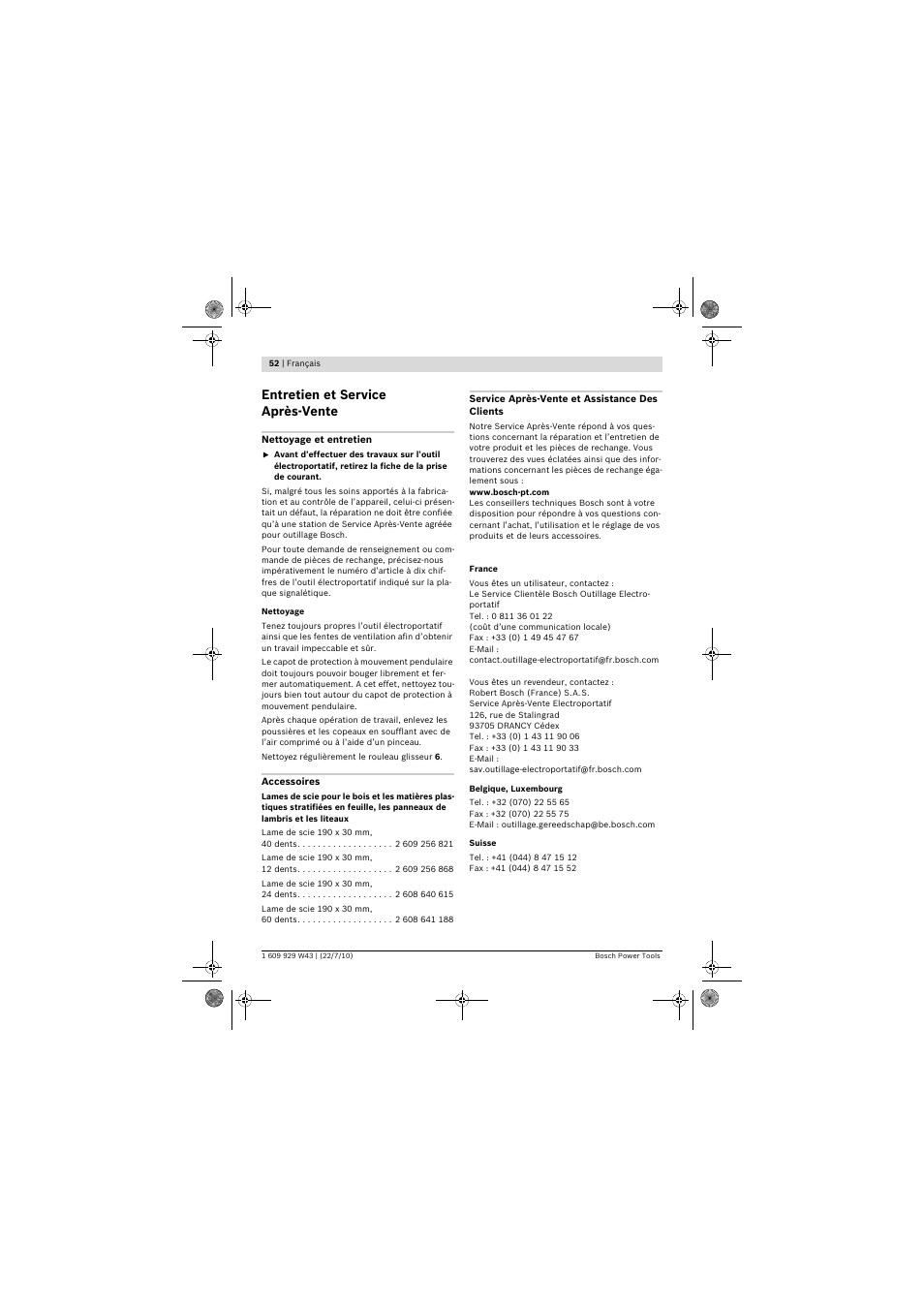 Entretien et service après-vente | Bosch PCM 7 S User Manual | Page 52 / 384
