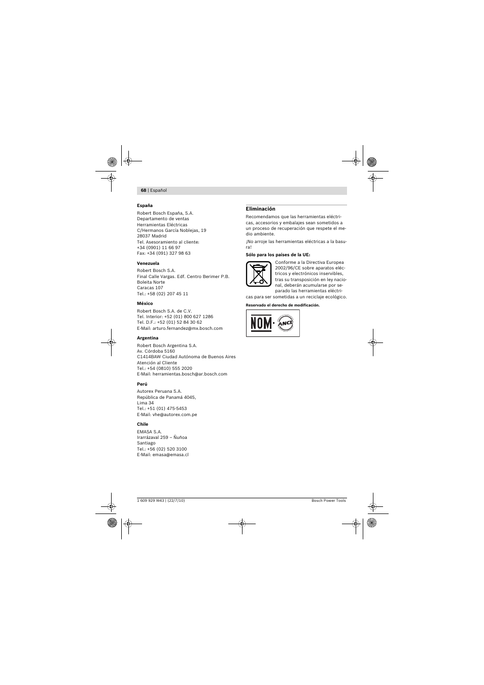 Eliminación | Bosch PCM 7 S User Manual | Page 68 / 384