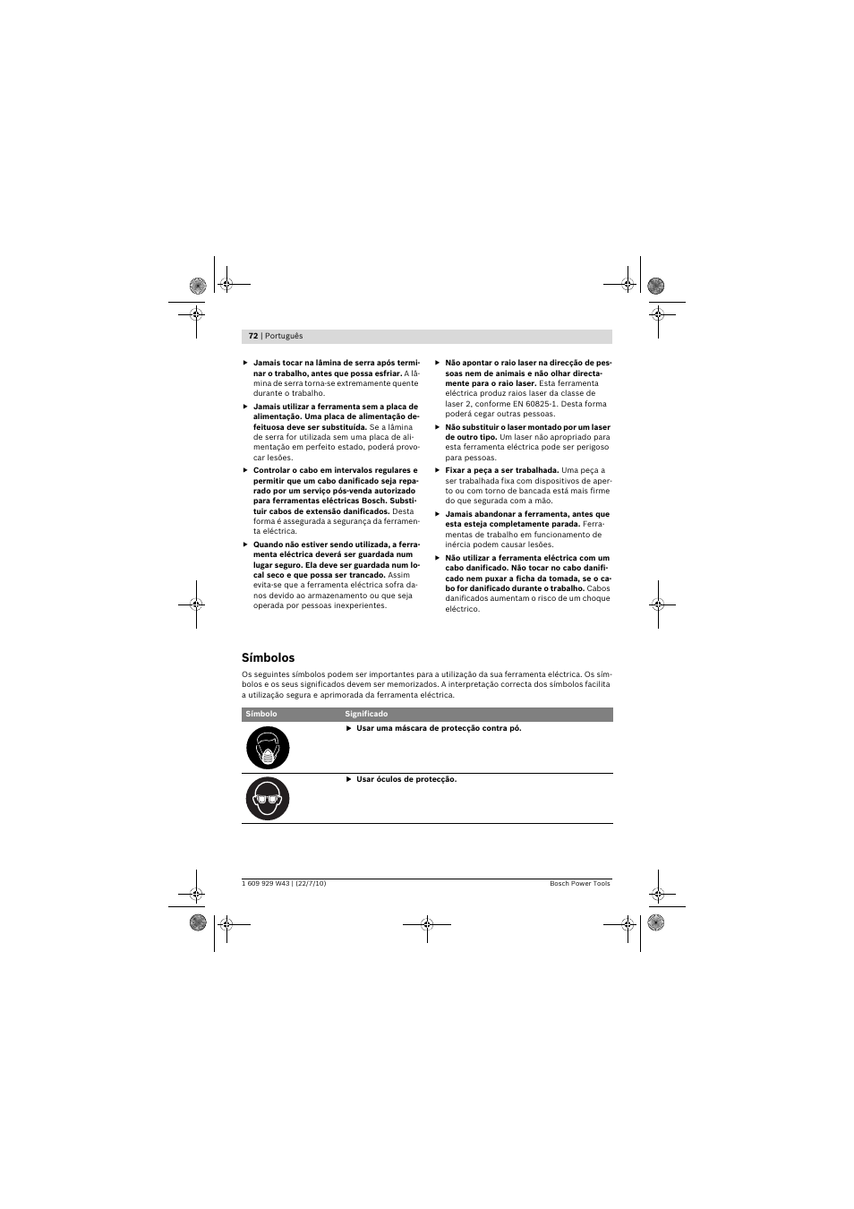 Símbolos | Bosch PCM 7 S User Manual | Page 72 / 384