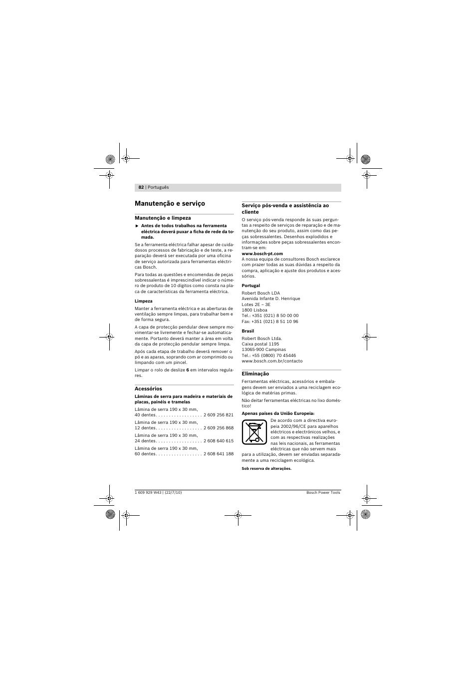 Manutenção e serviço | Bosch PCM 7 S User Manual | Page 82 / 384