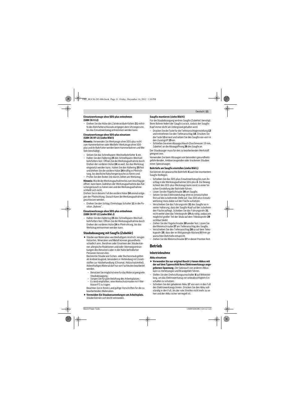 Betrieb | Bosch GBH 36 V-LI Professional User Manual | Page 11 / 238