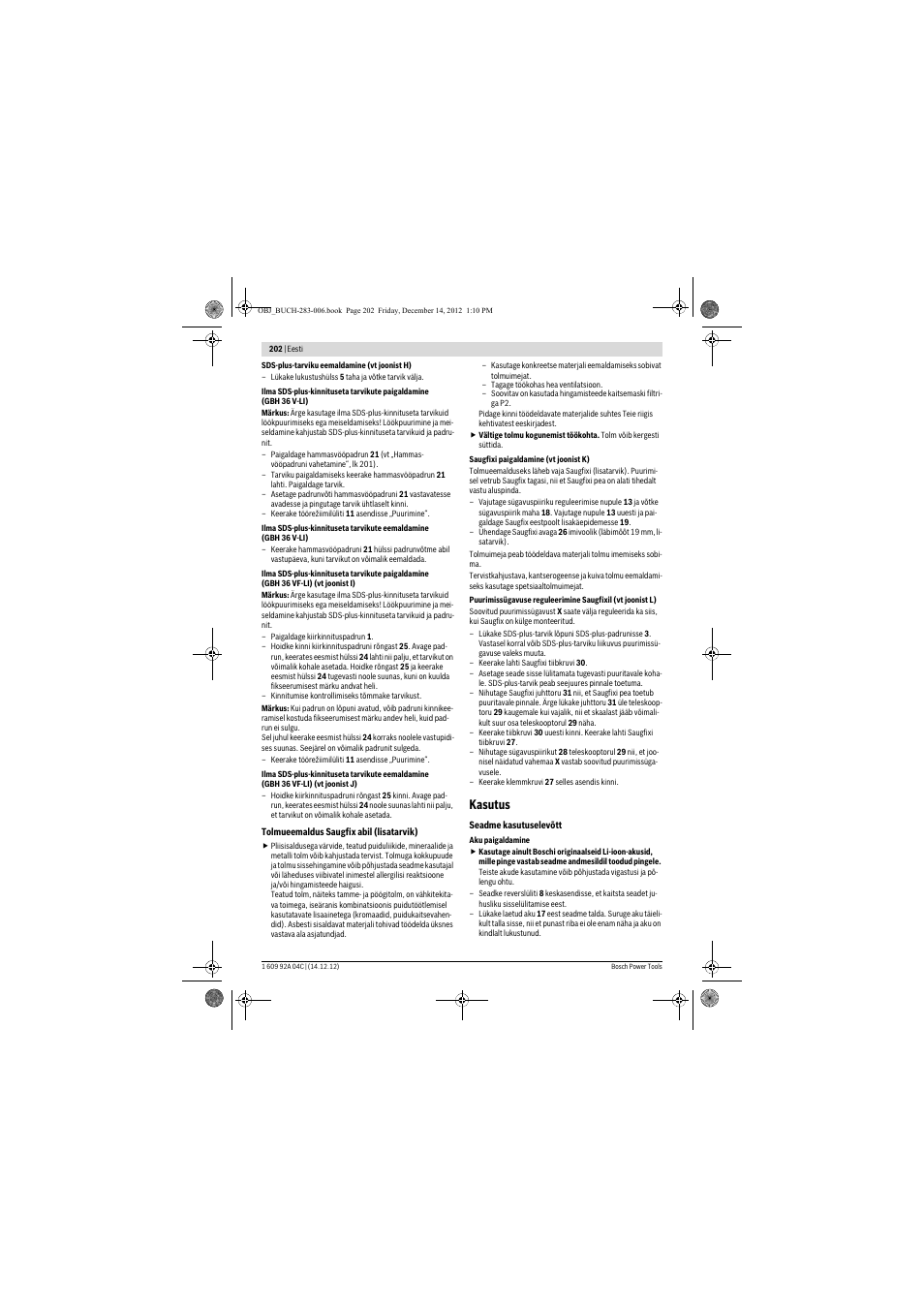 Kasutus | Bosch GBH 36 V-LI Professional User Manual | Page 202 / 238