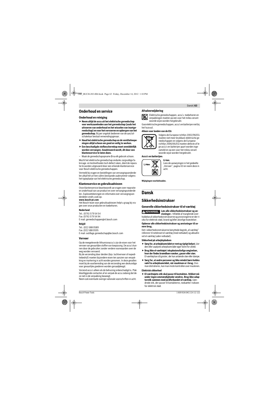 Dansk, Onderhoud en service, Sikkerhedsinstrukser | Bosch GBH 36 V-LI Professional User Manual | Page 63 / 238