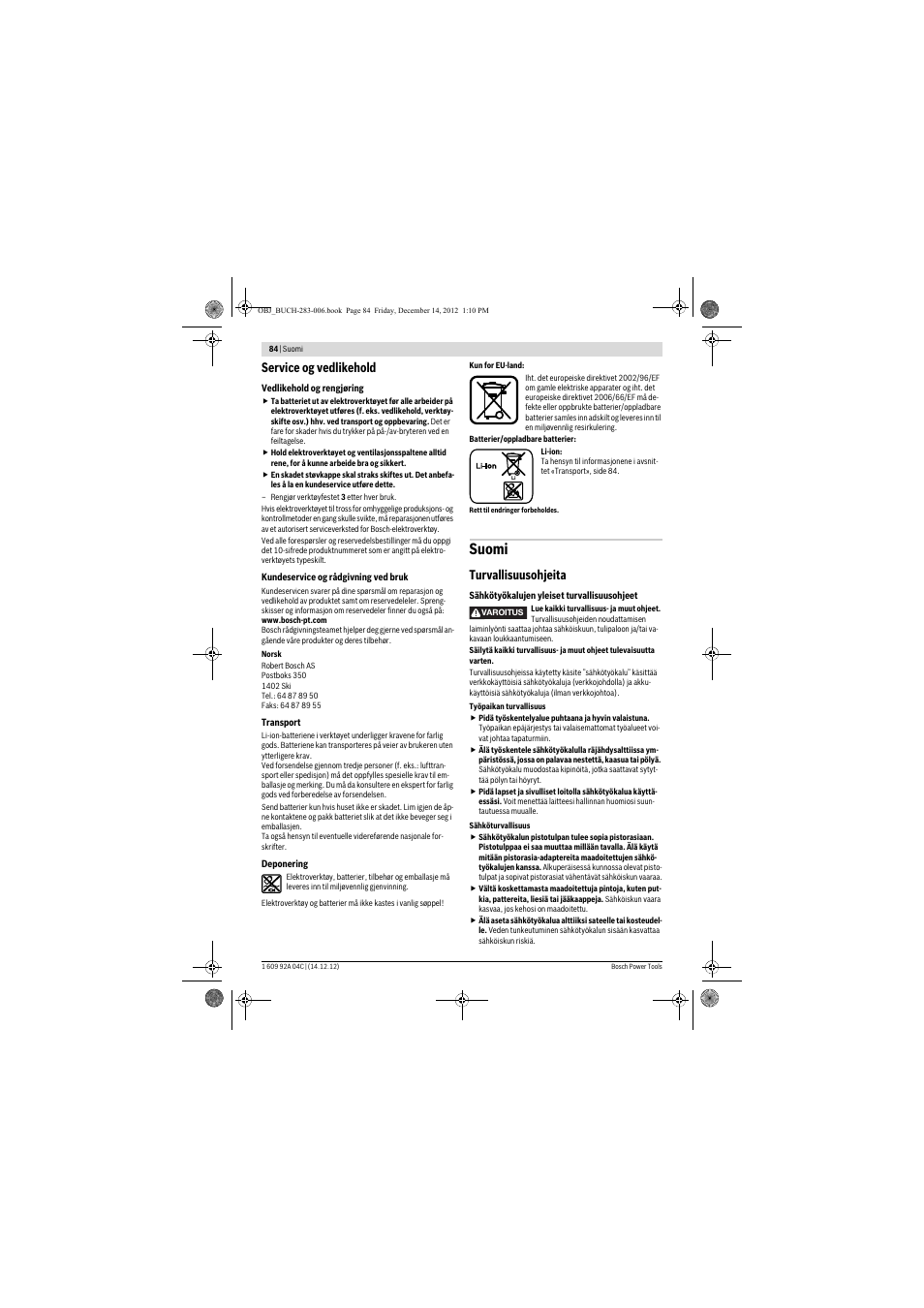 Suomi, Service og vedlikehold, Turvallisuusohjeita | Bosch GBH 36 V-LI Professional User Manual | Page 84 / 238