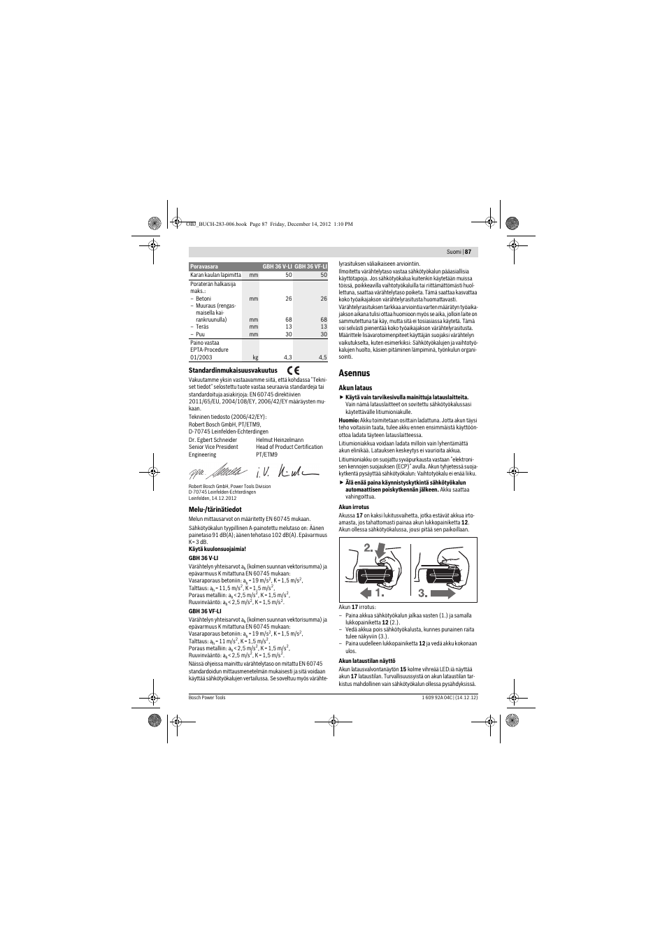 Asennus | Bosch GBH 36 V-LI Professional User Manual | Page 87 / 238