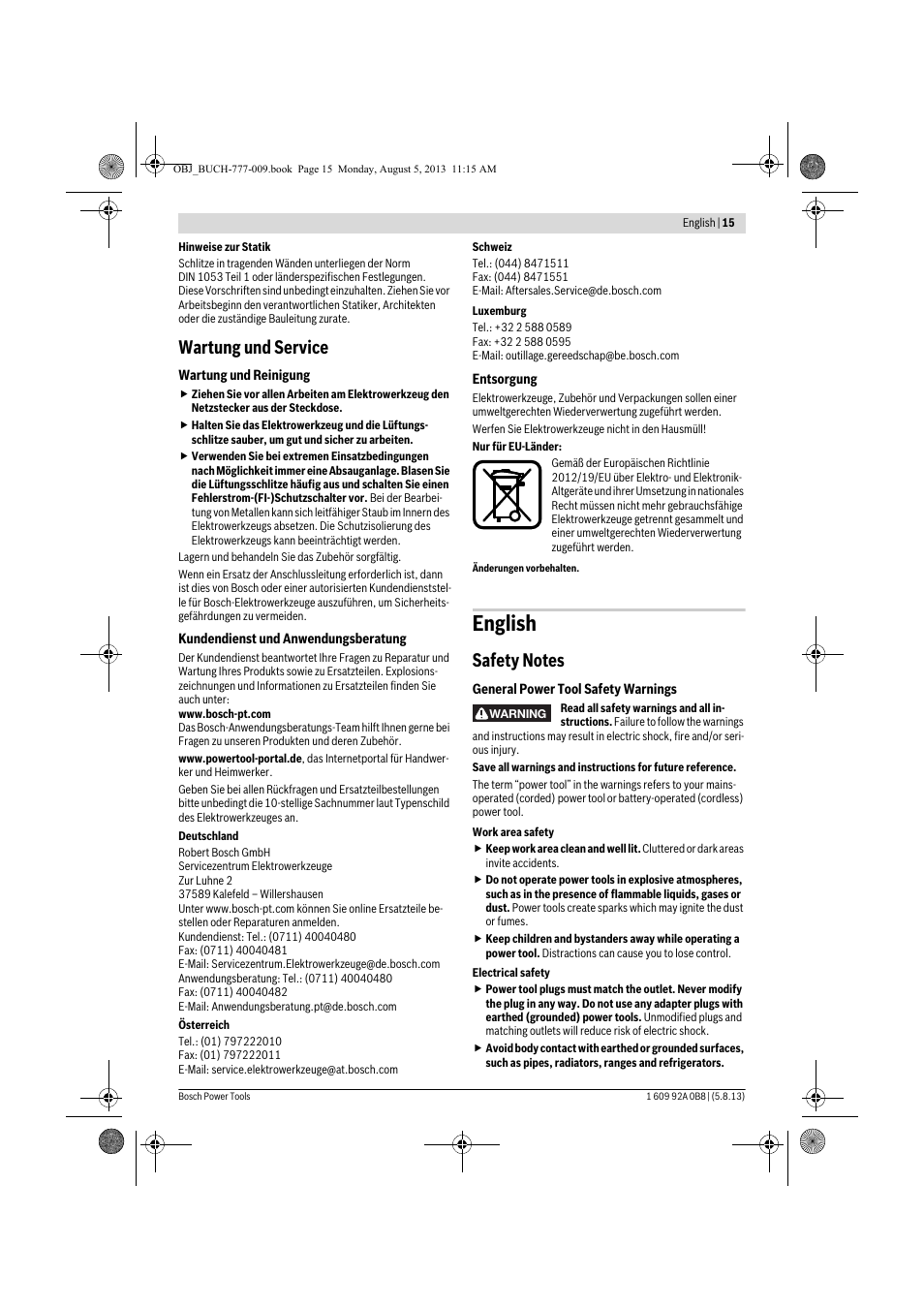 English, Wartung und service | Bosch GWS 24-180 H Professional User Manual | Page 14 / 296