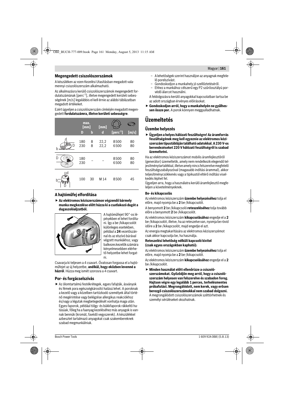 Üzemeltetés | Bosch GWS 24-180 H Professional User Manual | Page 160 / 296