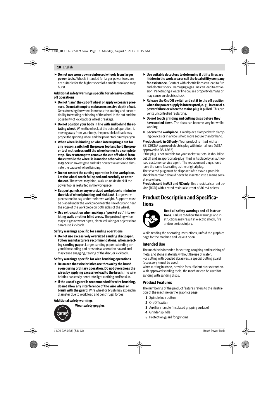 Product description and specifica- tions | Bosch GWS 24-180 H Professional User Manual | Page 17 / 296